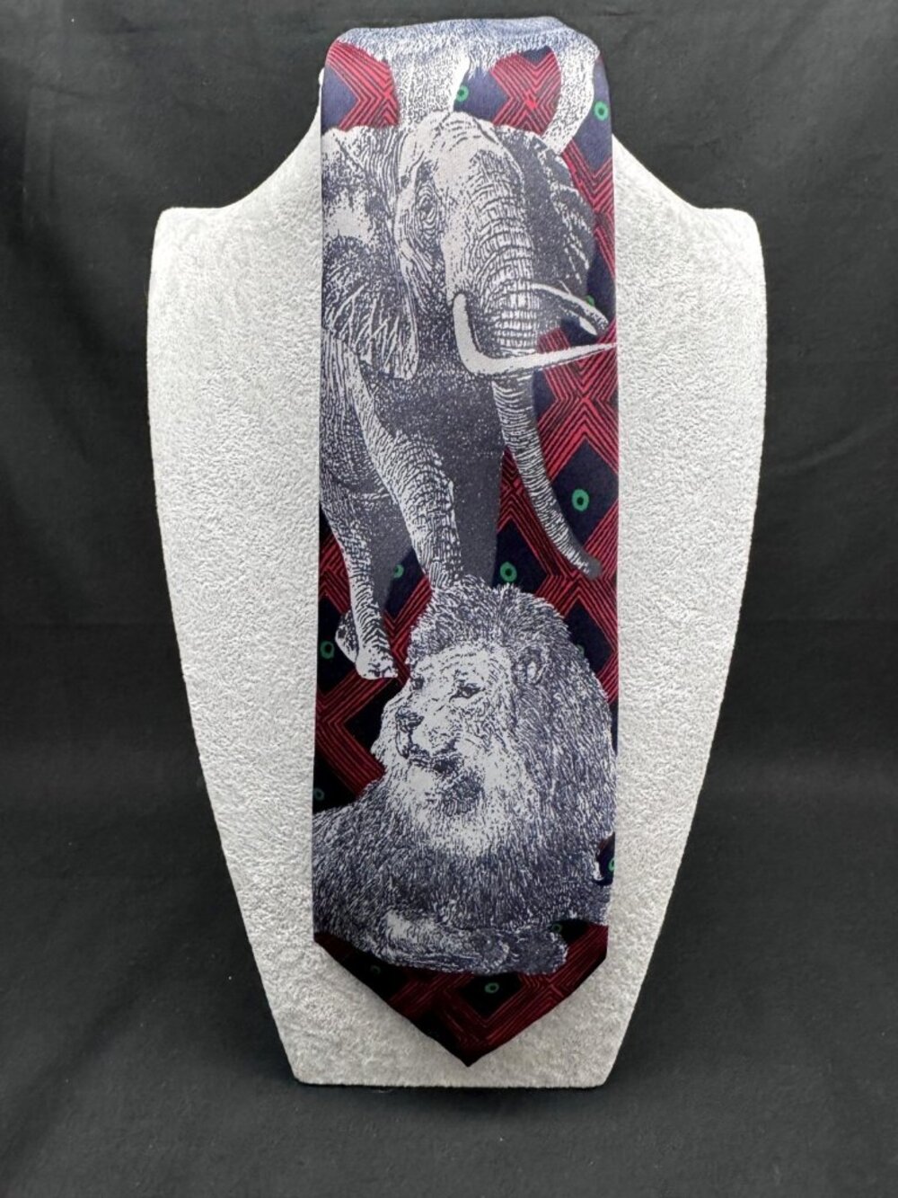 Vintage Handmade Italian Silk Tie Lion Elephant Wildlife Novelty Made In Italy